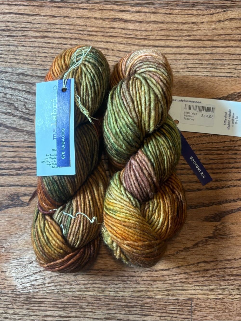 Malabrigo Yarn Lot of 2 Mecha 100% Superwash Merino Wool Tabacos Single Ply Knit